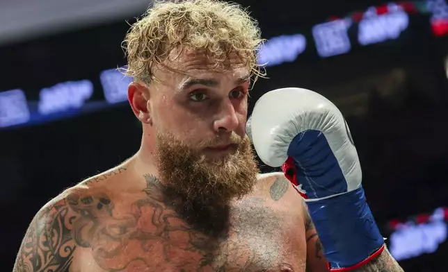 Jake Paul reacts during his cruiserweight boxing match against Julio Cesar Chavez Jr. on Saturday, June 28, 2025, in Anaheim, Calif. (AP Photo/Etienne Laurent)