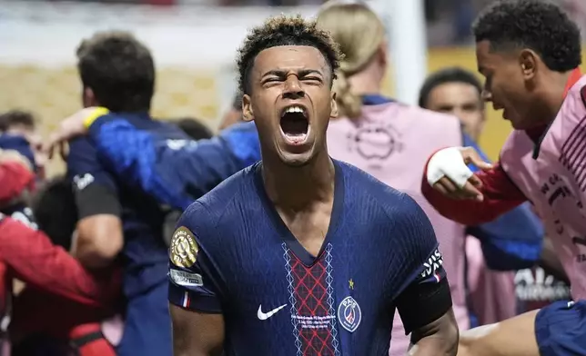 Paris Saint-Germain's Desire Doue celebrates his team's goal during the Club World Cup quarterfinal soccer match between PSG and Bayern Munich in Atlanta, Saturday, July 5, 2025. (AP Photo/Brynn Anderson)