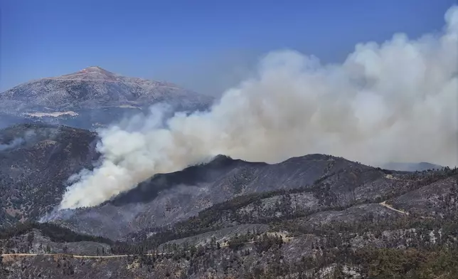 Smoke rises from a wildfire in the town of Rabia, in Syria's Latakia countryside, Saturday, July 12, 2025. (AP Photo/Ghaith Alsayed)