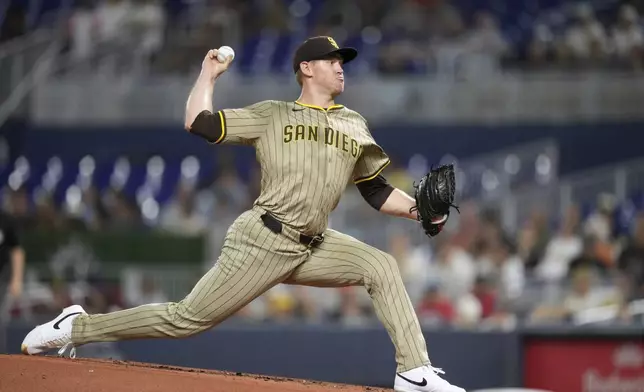 San Diego Padres starting pitcher Stephen Kolek pitches during the first inning of a baseball game against the Miami Marlins, Tuesday, July 22, 2025, in Miami. (AP Photo/Rebecca Blackwell)