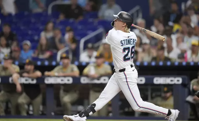 Miami Marlins' Kyle Stowers hits a double in to bring in a run by Agustín Ramírez, in the first inning of a baseball game against the San Diego Padres, Tuesday, July 22, 2025, in Miami. (AP Photo/Rebecca Blackwell)