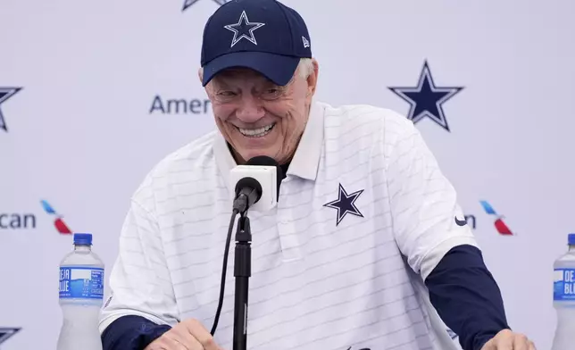 Jerry Jones, Dallas Cowboys owner, president, and general manager speaks to reporters during a news conference to open training camp Monday, July 21, 2025, in Oxnard, Calif. (AP Photo/Mark J. Terrill)