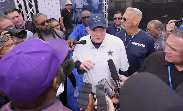 Jerry Jones, Dallas Cowboys owner, president, and general manager speaks to reporters during a news conference to open training camp Monday, July 21, 2025, in Oxnard, Calif. (AP Photo/Mark J. Terrill)