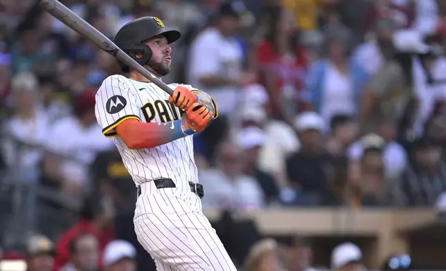 San Diego Padres' Jackson Merrill watches his home run during the sixth inning of a baseball game against the Philadelphia Phillies, Saturday, July 12, 2025, in San Diego. (AP Photo/Orlando Ramirez)