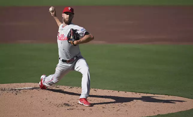 Philadelphia Phillies starting pitcher Zack Wheeler works against a San Diego Padres batter during the first inning of a baseball game Saturday, July 12, 2025, in San Diego. (AP Photo/Orlando Ramirez)