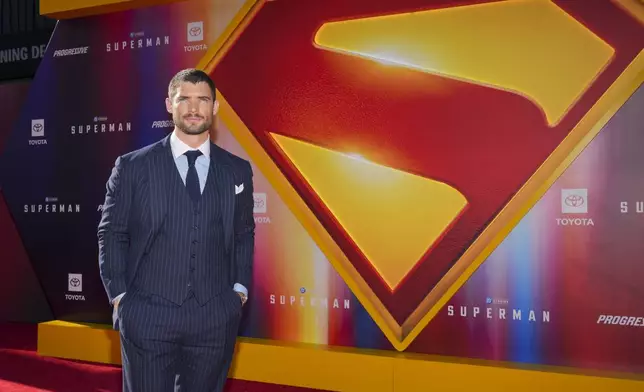 David Corenswet arrives at the premiere of "Superman" on Monday, July 7, 2025, at TCL Chinese Theatre in Los Angeles. (Photo by Jordan Strauss/Invision/AP)