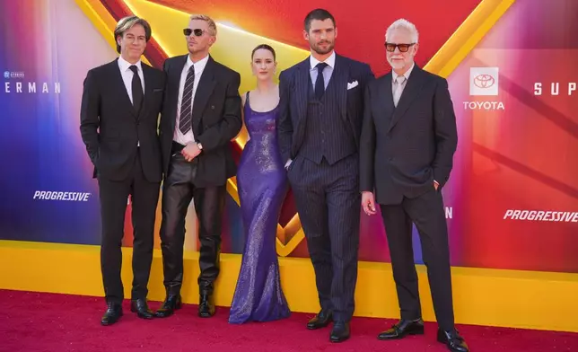 Peter Safran, from left, Nicholas Hoult, Rachel Brosnahan, David Corenswet, and James Gunn arrive at the premiere of "Superman" on Monday, July 7, 2025, at TCL Chinese Theatre in Los Angeles. (Photo by Jordan Strauss/Invision/AP)