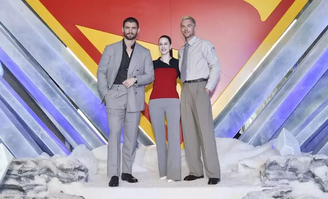 David Corenswet, from left, Rachel Brosnahan and Nicholas Hoult attend a photo call for "Superman" on Saturday, June 28, 2025, in Los Angeles. (Photo by Richard Shotwell/Invision/AP)