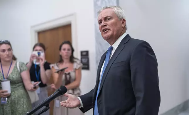 Rep. Jamie Comer, R-Ky., chairman of the House Oversight and Accountability Committee, talks to reporters briefly before hearing testimony from former President Joe Biden's physician, Dr. Kevin O'Connor, part of a broad inquiry by House Republicans looking into Biden's mental state during his time in office, at the Capitol in Washington, Wednesday, July 9, 2025. (AP Photo/J. Scott Applewhite)