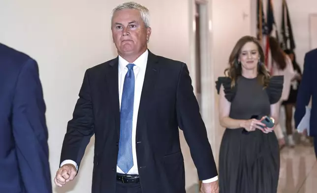 Rep. Jamie Comer, R-Ky., chairman of the House Oversight and Accountability Committee, arrives to hear testimony from former President Joe Biden's physician, Dr. Kevin O'Connor, part of a broad inquiry by House Republicans looking into Biden's mental state during his time in office, at the Capitol in Washington, Wednesday, July 9, 2025. (AP Photo/J. Scott Applewhite)