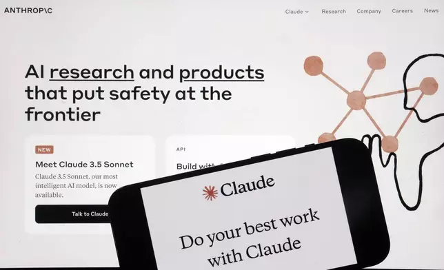 FILE - The Anthropic website and mobile phone app are shown in this photo, in New York, July 5, 2024. (AP Photo/Richard Drew, File)
