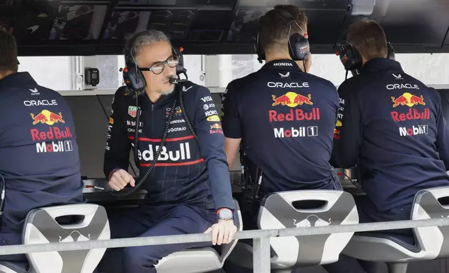 Red Bull team principal Laurent Mekies, second left, during the first practice session ahead of the Formula One Grand Prix at the Spa-Francorchamps racetrack in Spa, Belgium, Friday, July 25, 2025. (AP Photo/Geert Vanden Wijngaert)