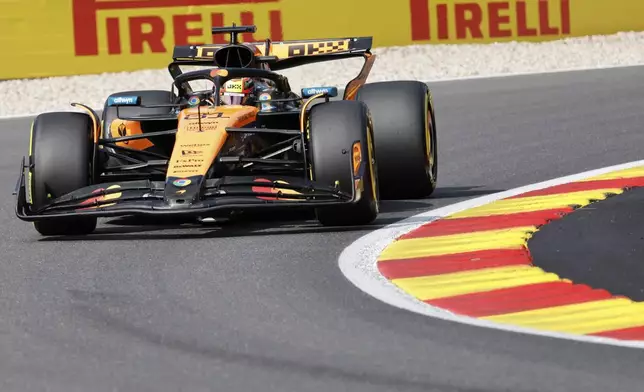 McLaren driver Oscar Piastri of Australia steers his car during the sprint qualification ahead of the Formula One Grand Prix at the Spa-Francorchamps racetrack in Spa, Belgium, Friday, July 25, 2025. (AP Photo/Geert Vanden Wijngaert)