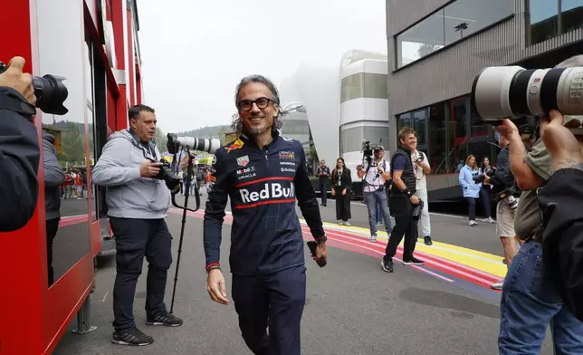 Red Bull team principal Laurent Mekies arrives for the first practice session ahead of the Formula One Grand Prix at the Spa-Francorchamps racetrack in Spa, Belgium, Friday, July 25, 2025. (AP Photo/Geert Vanden Wijngaert)