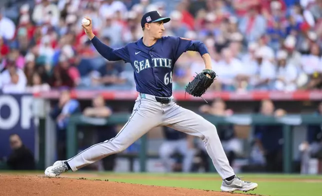 Seattle Mariners pitcher George Kirby delivers during the first inning of a baseball game against the Los Angeles Angels Saturday, July 26, 2025, in Anaheim, Calif. (AP Photo/William Liang)