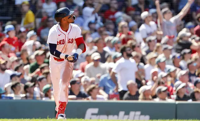 Boston Red Sox's Ceddanne Rafaela looks to left field after hitting a home run in the sixth inning of a baseball game, Sunday, July 13, 2025, in Boston. (AP Photo/Greg M. Cooper)