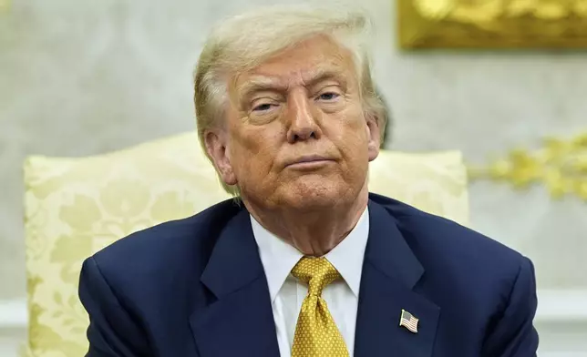 President Donald Trump listens during a meeting with Bahrain's Crown Prince Salman bin Hamad Al Khalifa in the Oval Office of the White House, Wednesday, July 16, 2025, in Washington. (AP Photo/Alex Brandon)