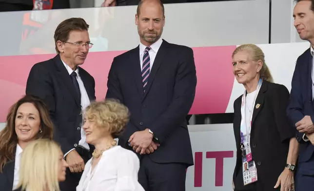 William, Prince of Wales stands on the tribune before the Euro 2025, group D, soccer match between England and the Netherlands at Stadion Letzigrund in Zurich, Switzerland, Wednesday, July 9, 2025. (AP Photo/Alessandra Tarantino)