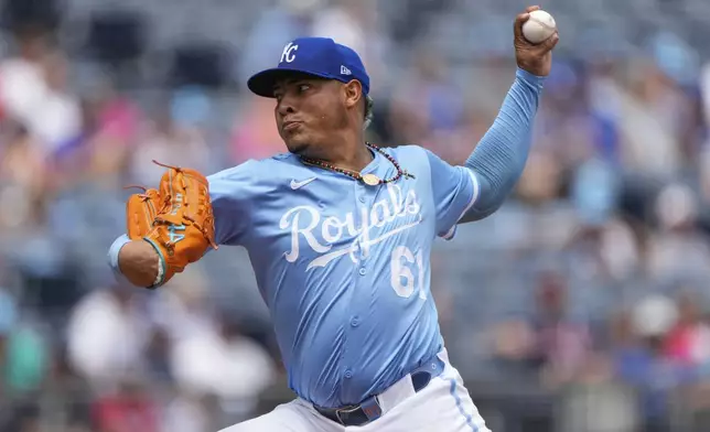 Kansas City Royals starting pitcher Angel Zerpa throws during the first inning of a baseball game against the Atlanta Braves, Wednesday, July 30, 2025, in Kansas City, Mo. (AP Photo/Charlie Riedel)