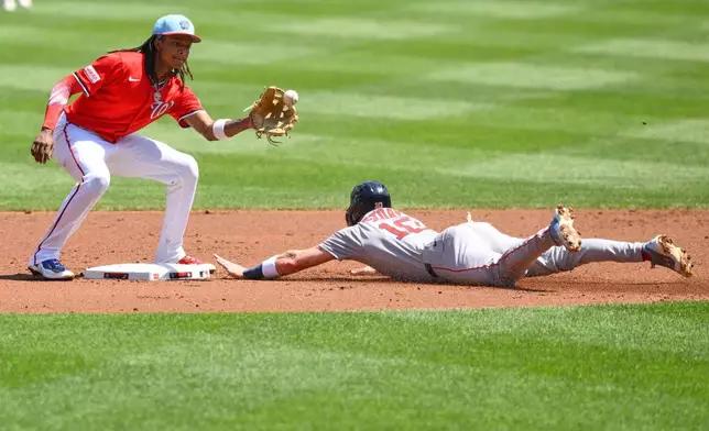 Boston Red Sox's Trevor Story, right, steals second base against Washington Nationals shortstop CJ Abrams, left, during the second inning of a baseball game, Friday, July 4, 2025, in Washington. (AP Photo/Nick Wass)