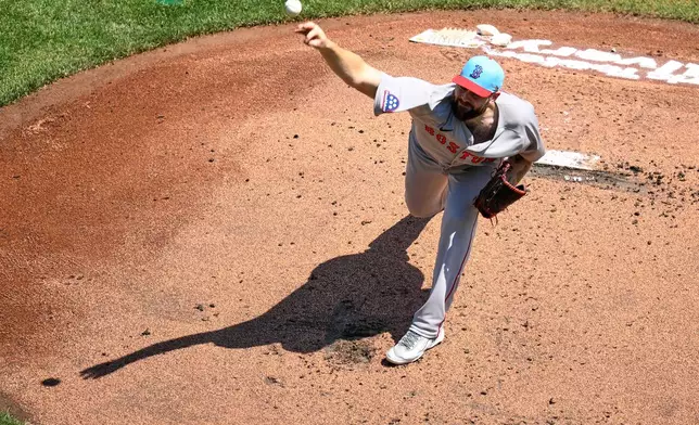 Boston Red Sox starting pitcher Lucas Giolito throws during the first inning of a baseball game against the Washington Nationals, Friday, July 4, 2025, in Washington. (AP Photo/Nick Wass)