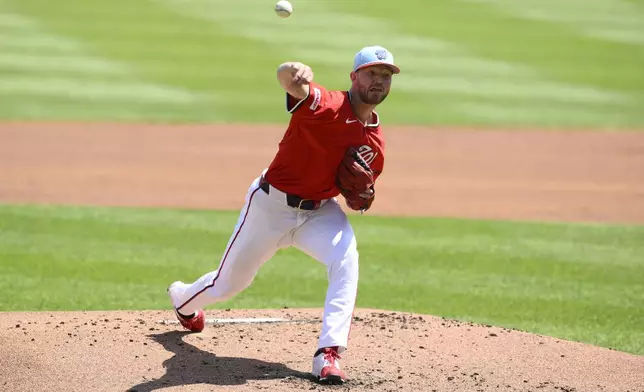Washington Nationals starting pitcher Michael Soroka throws during the second inning of a baseball game against the Boston Red Sox, Friday, July 4, 2025, in Washington. (AP Photo/Nick Wass)