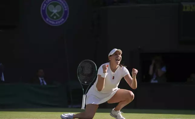 Amanda Anisimova of the U.S. celebrates winning the women's singles quarter finals match against Anastasia Pavlyuchenkova of Russia at the Wimbledon Tennis Championships in London, Tuesday, July 8, 2025.(AP Photo/Kin Cheung)