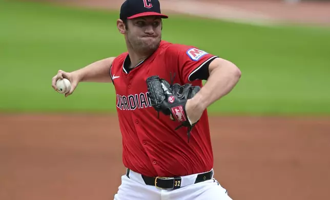 Cleveland Guardians starting pitcher Gavin Williams delivers during the first inning of a baseball game against the Athletics, Sunday, July 20, 2025, in Cleveland. (AP Photo/David Dermer)