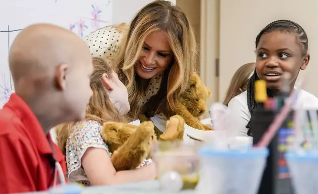 First lady Melania Trump visits patients at Children's National Hospital, Thursday, July 3, 2025, in Washington. (AP Photo/Julia Demaree Nikhinson)