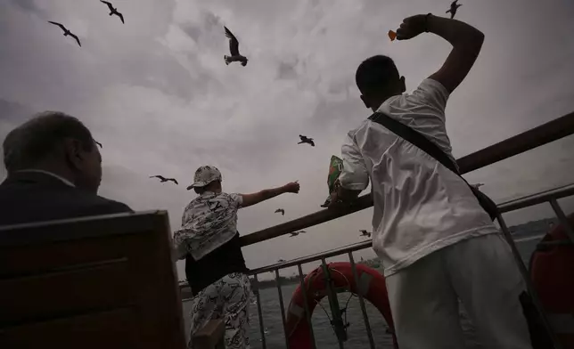 Youngsters feed seagulls on a ferry crossing the Bosphorus in Istanbul, Turkey, Sunday, May 25, 2025. (AP Photo/Francisco Seco)