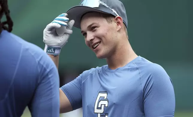 Washington Nationals first overall draft pick, shortstop Eli Willits looks on after an introductory press conference, Saturday, July 19, 2025 in Washington. (AP Photo/Daniel Kucin Jr.)