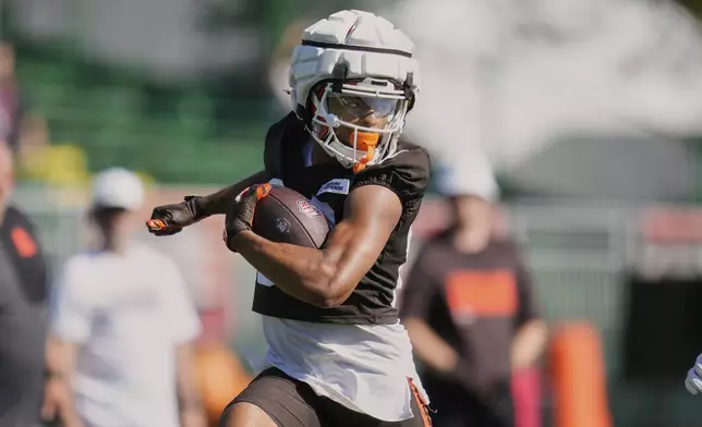 Cleveland Browns wide receiver Gage Larvadain participates in a drill during a practice at the team's NFL football training camp Wednesday, July 23, 2025, in Berea, Ohio. (AP Photo/Sue Ogrocki)
