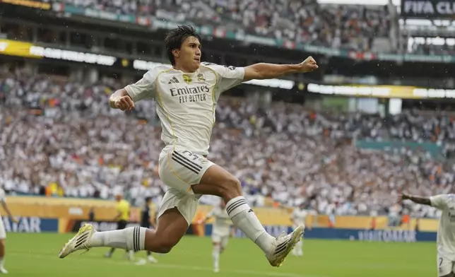 Real Madrid's Gonzalo Garcia celebrates after scoring during the Club World Cup round of 16 soccer match between Real Madrid and Juventus in Miami Gardens, Fla., Tuesday, July 1, 2025. (AP Photo/Rebecca Blackwell)