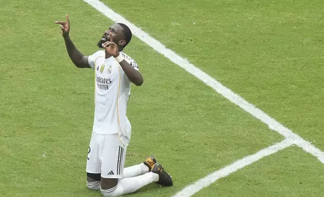 Real Madrid's Antonio Rudiger (22) reacts after the Club World Cup round of 16 soccer match between Real Madrid and Juventus in Miami Gardens, Fla., Tuesday, July 1, 2025. (AP Photo/Marta Lavandier)