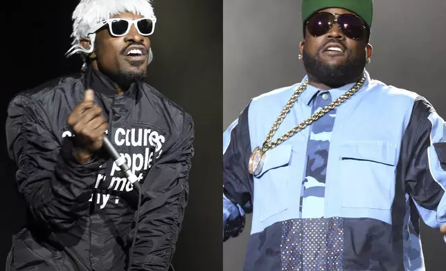 This combination of photos shows Andre3000, left, and Big Boi of Outkast performing at Lollapalooza in Chicago's Grant Park on Aug. 2, 2014. (Photos by Steve C. Mitchell/Invision/AP)