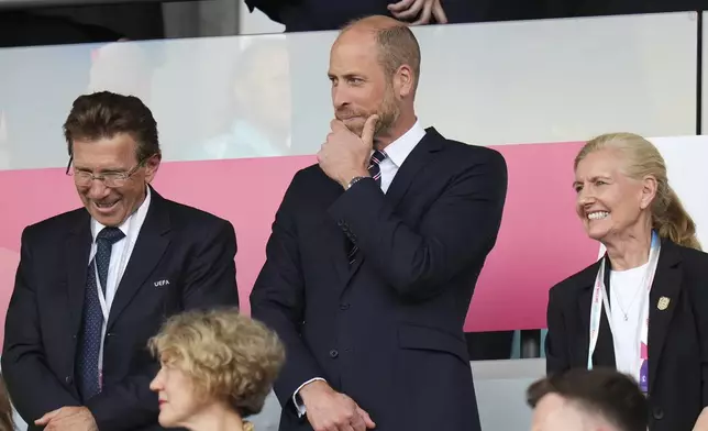 William, Prince of Wales stands on the tribune before the Euro 2025, group D, soccer match between England and the Netherlands at Stadion Letzigrund in Zurich, Switzerland, Wednesday, July 9, 2025. (AP Photo/Alessandra Tarantino)