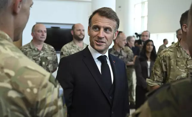 French President Emmanuel Macron and British Prime Minister Keir Starmer, not pictured, take part in a a joint military visit to the MARCOM centre, maritime command centre in Northwood, London, Thursday July 10, 2025. (Leon Neal/Pool Photo via AP)