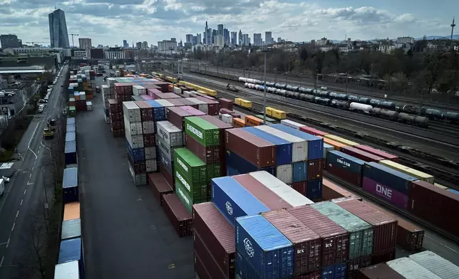 FILE - Containers are piled up at a cargo terminal in Frankfurt, Germany, April 1, 2025. (AP Photo/Michael Probst, File)