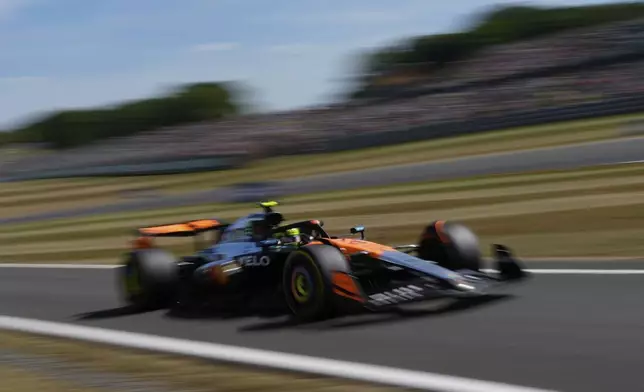 McLaren driver Lando Norris of Britain in action during the second practice of the British Formula One Grand Prix in Silverstone, England, Friday, July 4, 2025. (AP Photo/Darko Bandic)