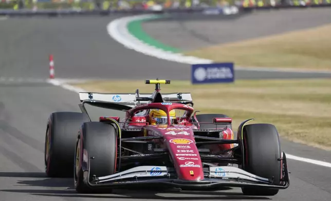 Ferrari driver Lewis Hamilton of Britain in action during the second practice of the British Formula One Grand Prix in Silverstone, England, Friday, July 4, 2025. (AP Photo/Darko Bandic)