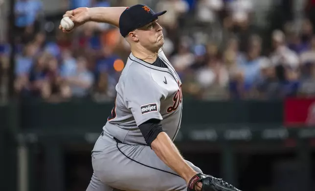 Detroit Tigers' Tarik Skubal pitches during the first inning of a baseball game against the Texas Rangers, Sunday, July 20, 2025, in Arlington, Texas. (AP Photo/Jessica Tobias)