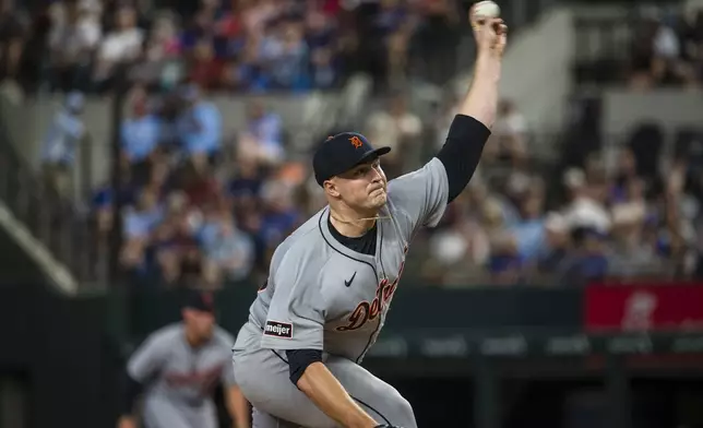 Detroit Tigers' Tarik Skubal pitches during the first inning of a baseball game against the Texas Rangers, Sunday, July 20, 2025, in Arlington, Texas. (AP Photo/Jessica Tobias)