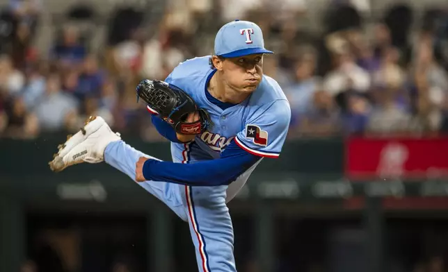 Texas Rangers' Jacob Latz pitches during the first inning of a baseball game against the Detroit Tigers, Sunday, July 20, 2025, in Arlington, Texas. (AP Photo/Jessica Tobias)