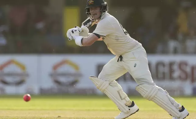 Australia's Steve Smith plays a shot against West Indies on day one of the third Test cricket match at Sabina Park in Kingston, Jamaica, Saturday, July 12, 2025. (AP Photo/Ricardo Mazalan)