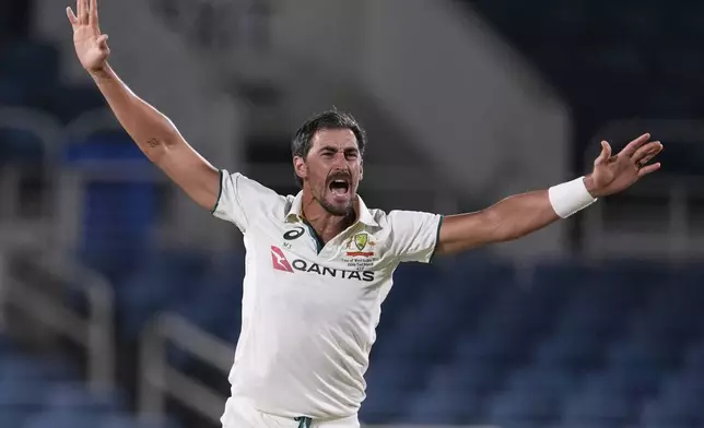 Australia's Mitchell Starc appeals on day one of the third Test cricket match against West Indies at Sabina Park in Kingston, Jamaica, Saturday, July 12, 2025. (AP Photo/Ricardo Mazalan)
