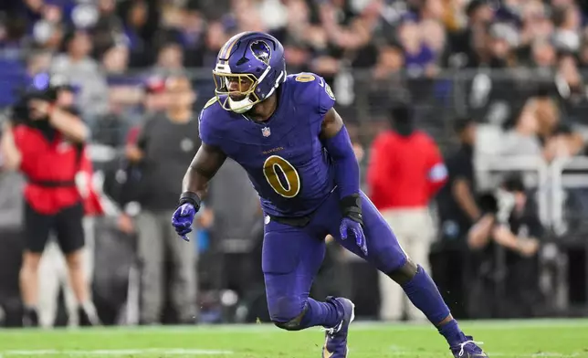 FILE - Baltimore Ravens linebacker Roquan Smith (0) in action during the second half of an NFL football game against the Cincinnati Bengals, Thursday, Nov. 8, 2024, in Baltimore. (AP Photo/Terrance Williams, File)