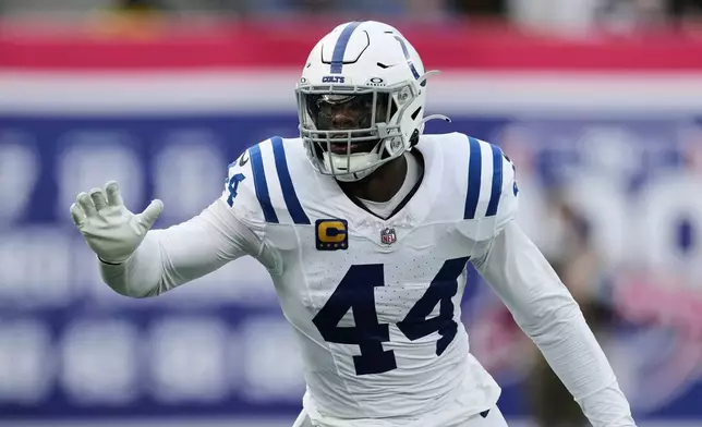 FILE - Indianapolis Colts linebacker Zaire Franklin (44) plays against the New York Giants in the second half of an NFL football game Sunday, Dec. 29, 2024, in East Rutherford, N.J. (AP Photo/Seth Wenig, File)