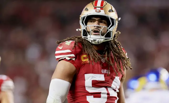 FILE - San Francisco 49ers linebacker Fred Warner (54) reacts in the fourth quarter during an NFL football game against the Los Angeles Rams, Thursday, December 12, 2024, in Santa Clara, Calif. (AP Photo/Scot Tucker, File)