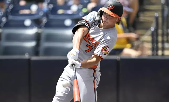 Baltimore Orioles' Jackson Holliday hits a solo home run during the first inning of a baseball game against the Tampa Bay Rays, Sunday, July 20, 2025, in Tampa, Fla. (AP Photo/Phelan M. Ebenhack)