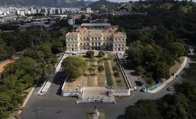 The National Museum stands in Rio de Janeiro ahead of its temporary reopening to the public following a 2018 fire, Monday, June 30, 2025. (AP Photo/Bruna Prado)
